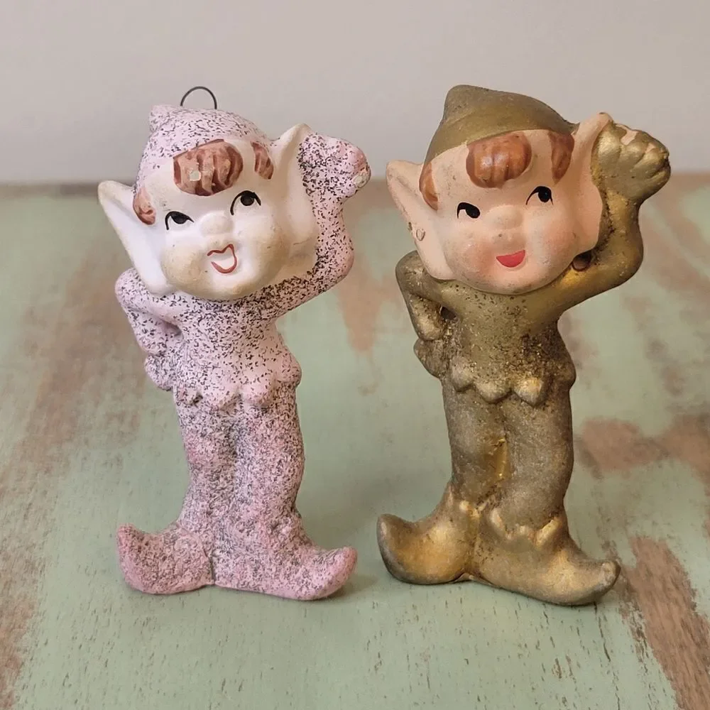 Vintage 1960's Mica Glitter Commodore Christmas Pixie Elf Pair